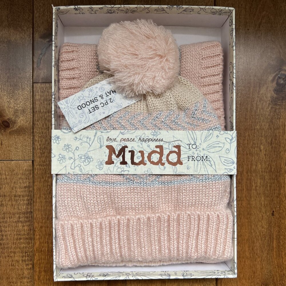 Mudd Pink Knit Pom Pom Beanie Hat & Snood Scarf 2 Piece Set, One Size - NWT